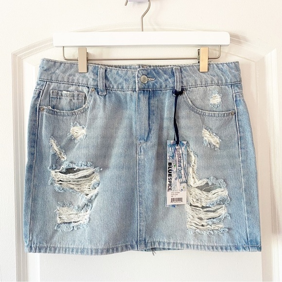 BLUE SPICE Y2K High Waist Distressed Denim Skirt NWT - Picture 1 of 8